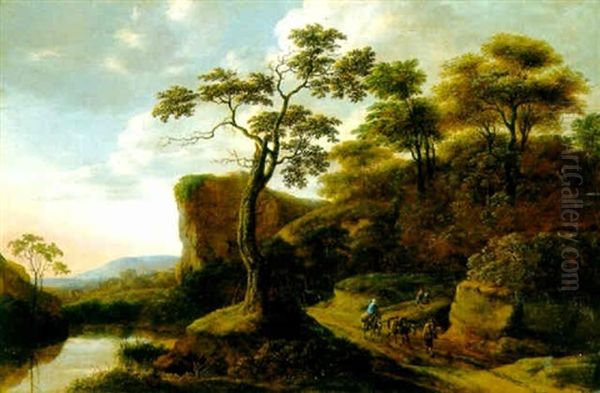 A Rocky Wooded Landscape With Travellers - view 1