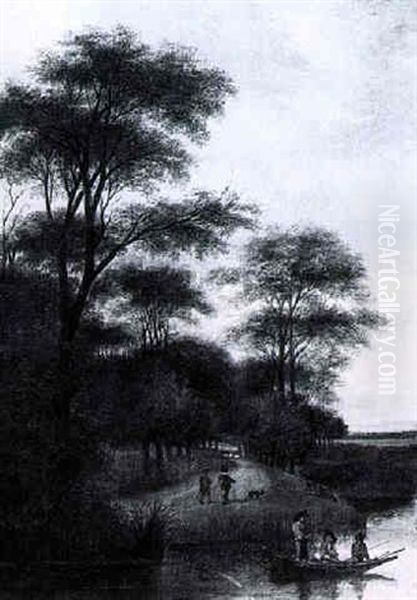 A River Landscape With Fishermen In A Boat And Travellers With Their Dog On A Wooded Path - view 1