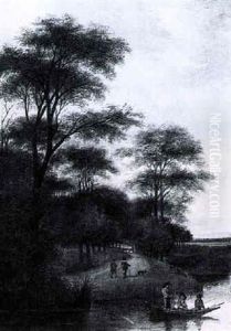 A River Landscape With Fishermen In A Boat And Travellers With Their Dog On A Wooded Path by Pieter Jansz van Asch
