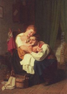 Elternliebe. Interior Med Foraeldrepar, Der Beundrer Det Nyvaskede Barn
