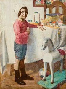 Portrait Eines Knaben Am Tisch Mit Spielzeug, Daneben Ein Ziehpferd Und Ball by Karl Theodor Asen
