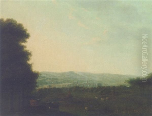 An Extensive Landscape With Livestock In The Foreground And A Town Beyond - view 1