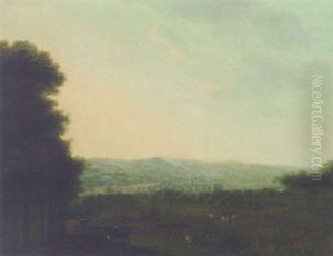 An Extensive Landscape With Livestock In The Foreground And A Town Beyond by Daniel Ashford