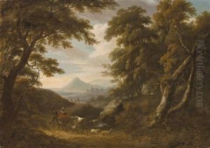 A Wooded Landscape With A Herder And His Flock On A Path, Ruins Beyond