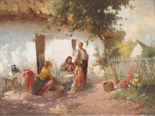 Family On Washday In A Sunlit Yard - view 1