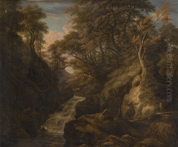 A Wooded Landscape With A Waterfall And A Fisherman Walking Along A Path - view 1
