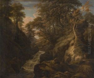 A Wooded Landscape With A Waterfall And A Fisherman Walking Along A Path by William Ashford