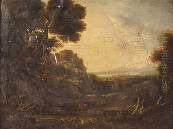 A Wooded Landscape With Cattle, A Castle In The Middle Distance. A Coastline And Mountains Beyond, Probably The Wicklow Mountains - view 1