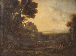 A Wooded Landscape With Cattle, A Castle In The Middle Distance. A Coastline And Mountains Beyond, Probably The Wicklow Mountains by William Ashford
