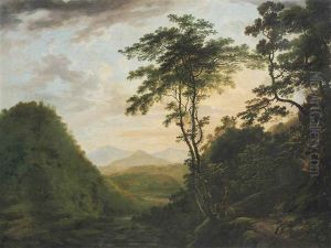 A Wooded River Landscape Looking Towards The Sugar Loaf From The Scalp, Co Wicklow, With Powerscourt In The Distance by William Ashford