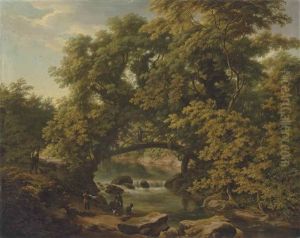 A View Of The Bridge At Charleville Castle, Tullamore, Co. Offaly, A Figure On The Bridge And Other Figures With A Dog Near The Water's Edge by William Ashford