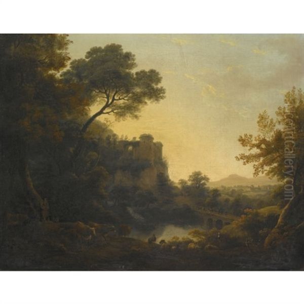 Wooded River Landscape With Peasants, Cattle, Goats And Sheep Before A Ruined Castle - view 1