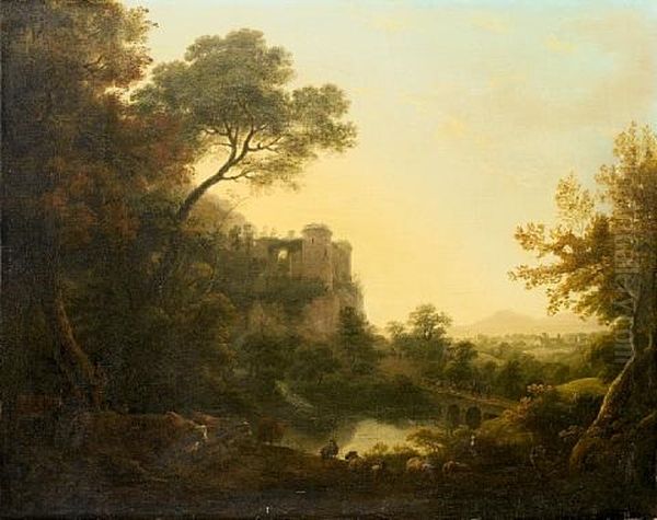 Peasants Grazing Their Cattle In A Wooded River - view 1