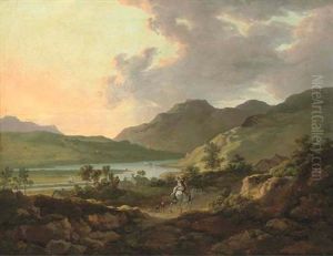 Mountainous Lake Landscape With Figures On A Horse On A Path In The Foreground And Boats On The Lake Beyond by William Ashford