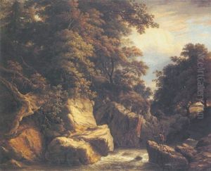A Wooded River Landscape With An Angler On A Rock Casting His Line by William Ashford