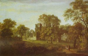 A Wooded Landscape With Two Riders On A Path, The Ruins Of A Church Beyond by William Ashford