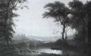 Figures Punting In A River Landscape, Castle Beyond by William Ashford