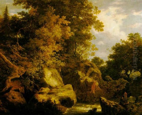 A Wooded Rocky River Scene With Two Sportsmen - view 1