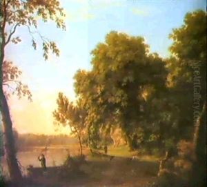 A View Of Carton Park, County Kildare With An Angler And Sportsman With His Dogs By A Weir by William Ashford
