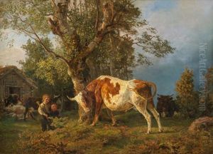 Children, Ox And Cows by Anders Monsen Askevold