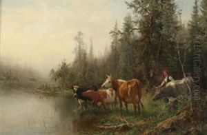Landskap Med Kuer Og Gjeterjente by Anders Monsen Askevold