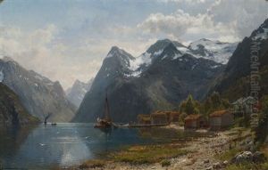 Fjordlandskap Med Folkeliv, Dampbaten Kommer by Anders Monsen Askevold