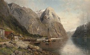 Fjordlandskap Med Folkeliv, Dampbaten Kommer