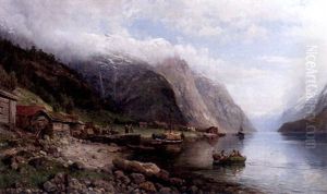 Fjordlandskap Med Folk Och Batar Fjordlandskap Med Folk Och Batar