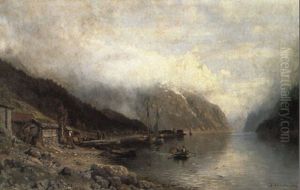 Norsk Fjordparti Med Sejlskibe Og Rob+de Ud For En Bygd by Anders Monsen Askevold