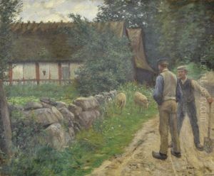 Sommarlandskap Med Lantarbetare Och Grisar Framfor Korsvirkeshus