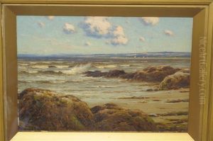 Beach Scene, With Shrimp Boats In The Distance by Reginald Aspinwall