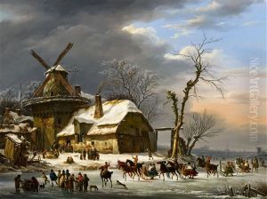Winter Landscape With A Frozen Canal And A Windmill by Hendrick Van Assche