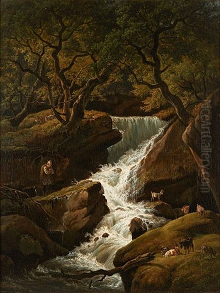 Berger Et Son Troupeau Separes Par Une Cascade - view 1