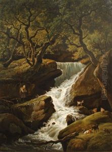 Berger Et Chevres Traversant Une Riviere Avec Cascade by Hendrick Van Assche