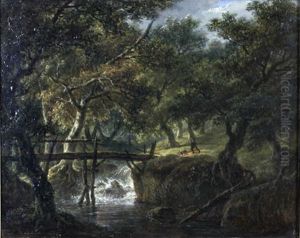 Waldlandschaft Mit Wasserfall Und Brucke, Auf Dem Weg Ein Jager Mit Hund by Hendrick Van Assche