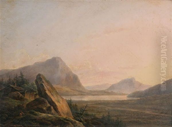 Paysage Montagneux Anime De Voyageurs Au Bord De L'eau Au Coucher De Soleil - view 1