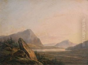 Paysage Montagneux Anime De Voyageurs Au Bord De L'eau Au Coucher De Soleil by Hendrick Van Assche