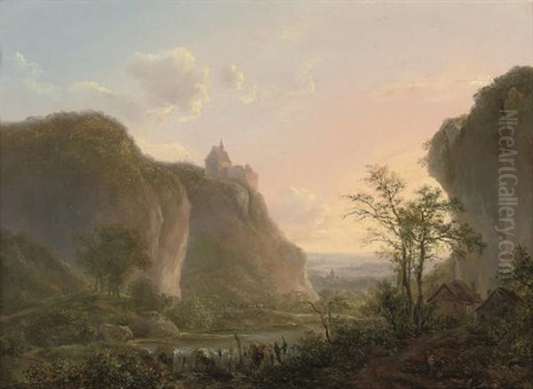 A Mountainous Wooded River Landscape With Travellers At Rest On A Track by Hendrick Van Assche