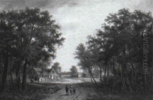 Travellers On A Wooded Path With Cottages - view 1
