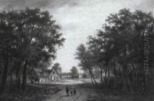 Travellers On A Wooded Path With Cottages