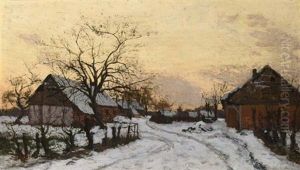 Farmhouses In The Snow by Alphonse Asselbergs