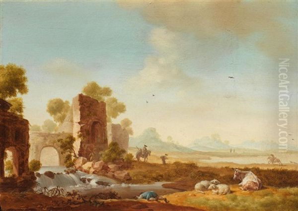 A Drover Drinking From A Stream, A Waterfall Beyond - view 1