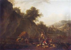 Rastende Und Reges Treiben Beim Fahren In Italienischer Landschaft by Jan Asselijn