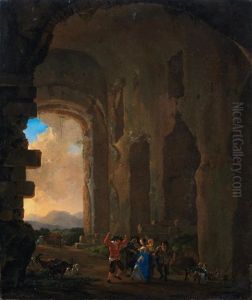 Peasants Merrymaking Among Ruins, An Italianate Landscape Beyond by Jan Asselijn