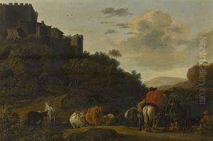 Landscape With Riders And Cows, A Castle Beyond by Jan Asselijn