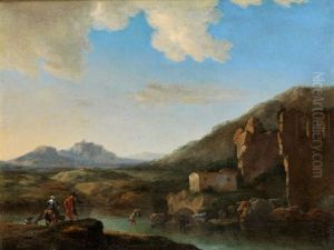 Italienische Fantasielandschaft Mit Einer Furt Im Fluss by Jan Asselijn