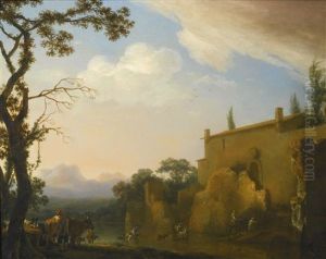 An Italianate Landscape With Peasants And Animals Fording A River by Jan Asselijn