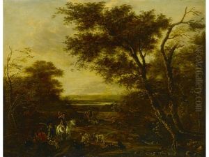 A Wooded Landscape With Huntsmen And Their Dogs