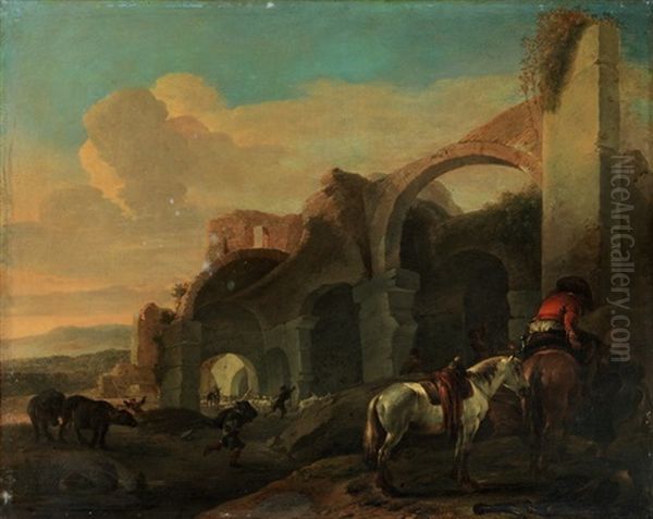 Sudliche Landschaft Mit Ruinen, Rastendem Reiter Mit Zwei Pferden - view 1