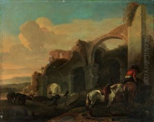 Sudliche Landschaft Mit Ruinen, Rastendem Reiter Mit Zwei Pferden by Jan Asselijn